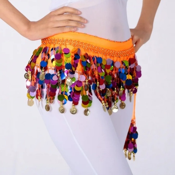 Hip Scarf Skirt Sequin Embroidered Costume Orange Belly Dance Skirt Costplay - Picture 3 of 8